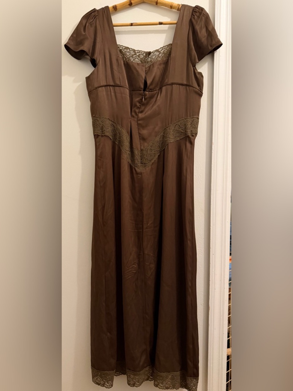 Free People Brown Olive Satin Lace-Trim Midi Slip Dress - Picture 5 of 10